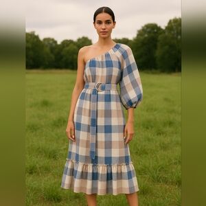Isiah Maverick Maxi Blue and Beige Plaid One-Shoulder Dress NWT 2